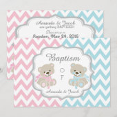 Invitation Teddy Bear Chevron Cross Twins Boy Girl Baptism (Devant / Derrière)