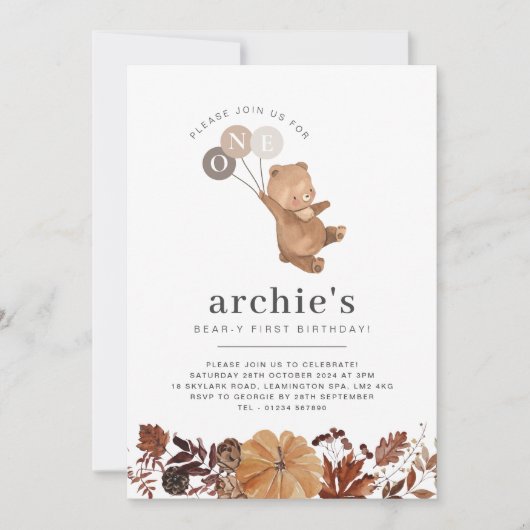 Invitation Teddy Bear Citrouille - 1er Anniversaire Photo Inv (Devant)