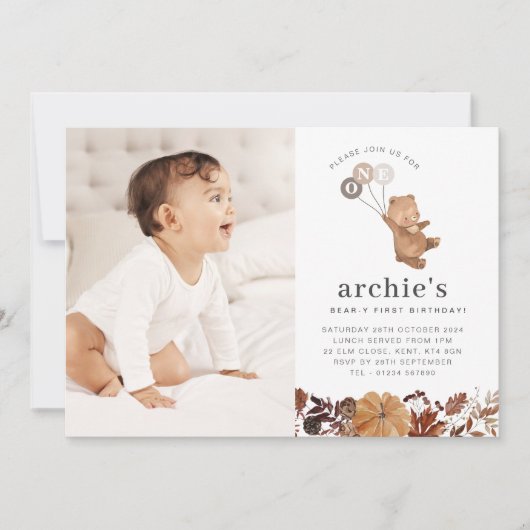 Invitation Teddy Bear Citrouille - 1er Anniversaire Photo Inv (Devant)