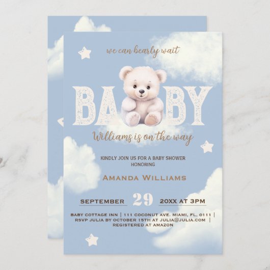 Invitation Teddy Bear Cloud 9 Bearly Wait Blue Boy Douche (Devant / Derrière)