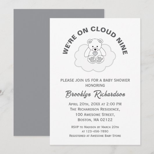 Invitation Teddy Bear Cloud Neuf Baby shower neutre selon le  (Devant / Derrière)