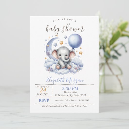 Invitation Teddy Bear Cloud Stars Stripes Baby shower (Debout devant)