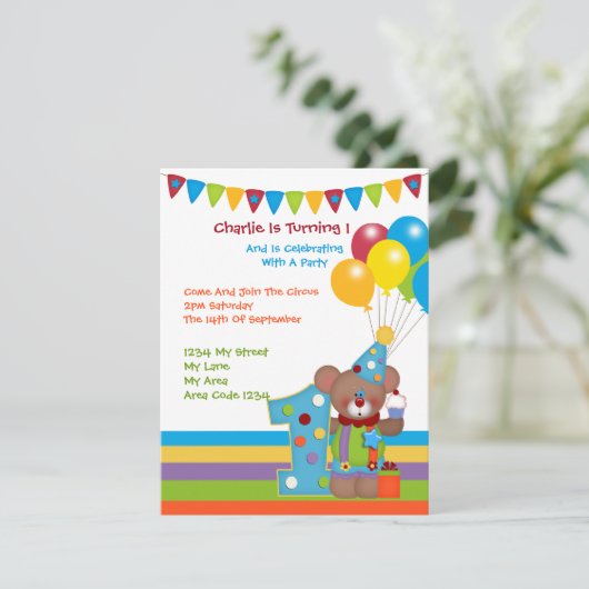 Invitation Teddy Bear Clown Première fête d'anniversaire (Debout devant)