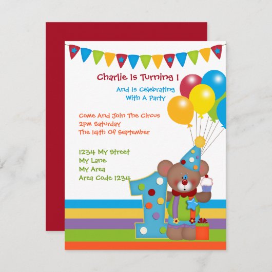 Invitation Teddy Bear Clown Première fête d'anniversaire (Devant / Derrière)