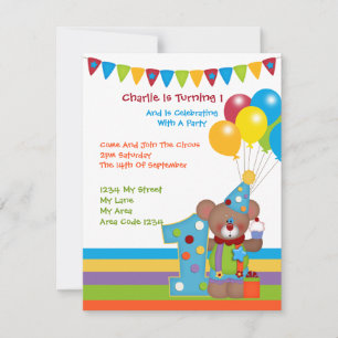 Invitation Teddy Bear Clown Première fête d'anniversaire