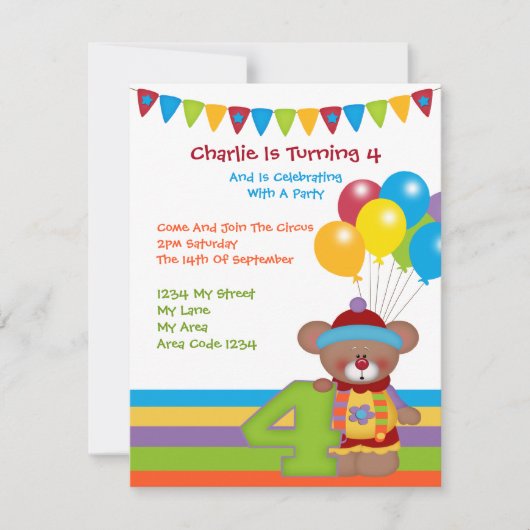 Invitation Teddy Bear Clown Quatrième fête d'anniversaire (Devant)