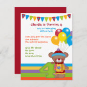Invitation Teddy Bear Clown Quatrième fête d'anniversaire (Devant / Derrière)