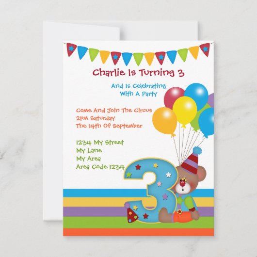 Invitation Teddy Bear ClownTroisième fête d'anniversaire (Devant)