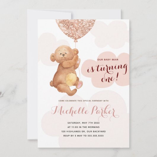 Invitation Teddy Bear Cub Pink Nuages 1er anniversaire (Devant)