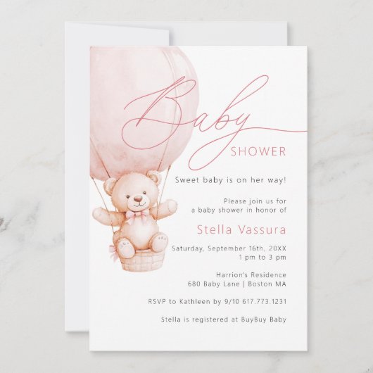 Invitation Teddy Bear Détails QR Code Girl Baby shower (Devant)