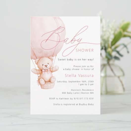Invitation Teddy Bear Détails QR Code Girl Baby shower (Debout devant)