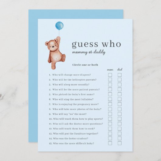 Invitation Teddy Bear Devine Qui Baby shower Jeu (Devant / Derrière)