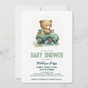 Invitation Teddy Bear Driving Toy Voiture Baby shower bleu vo