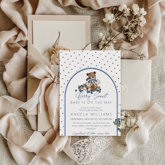 Invitation Teddy Bear Dusty Blue Berry Baby shower doux