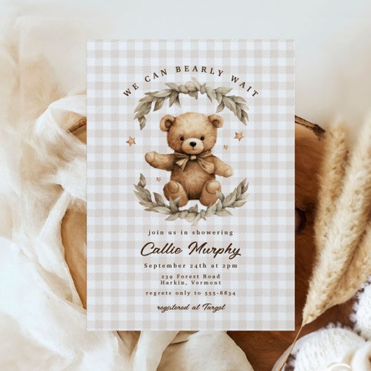 Invitation Teddy Bear En vichy Bearly Wait Baby shower feuill