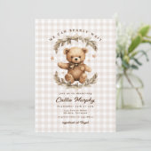 Invitation Teddy Bear En vichy Bearly Wait Baby shower feuill (Debout devant)