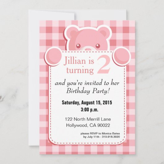Invitation Teddy Bear En vichy Plaid Bird| rose (Devant)