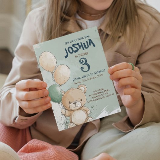 Invitation Teddy Bear et Ballons Green Anniversaire de enfant