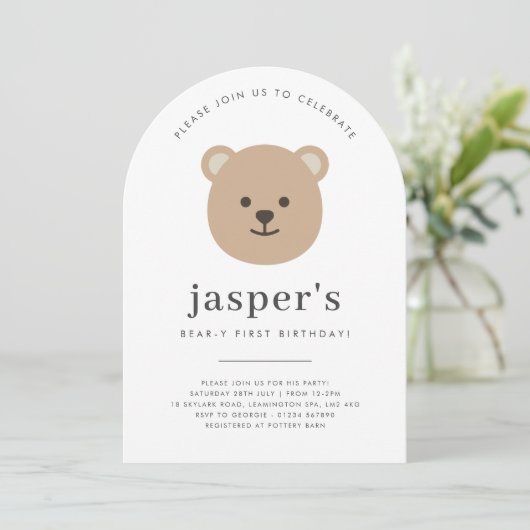 Invitation Teddy Bear Face Arched First Birthday (Debout devant)