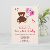Invitation Teddy Bear First Birthday Balloon Girl's Cream (Debout devant)