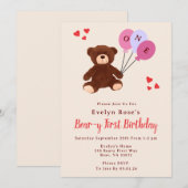 Invitation Teddy Bear First Birthday Balloon Girl's Cream (Devant / Derrière)