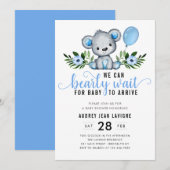 Invitation Teddy Bear Floral Botanical Blue Boy Baby shower (Devant / Derrière)