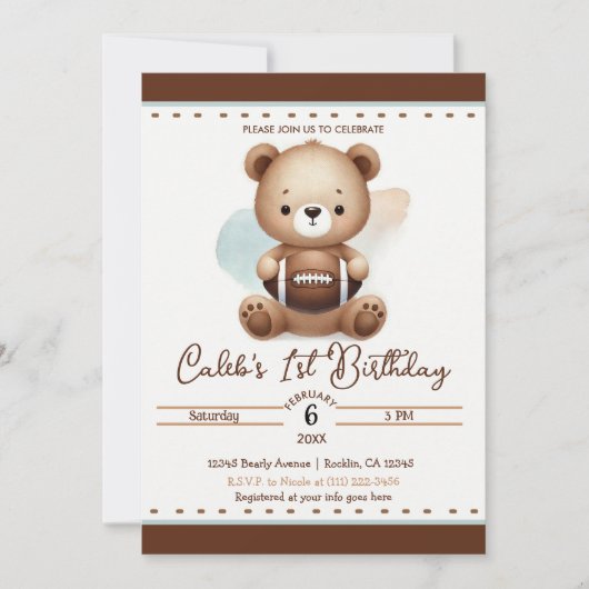 Invitation Teddy Bear Football Aquarelle 1ère fête d'annivers (Devant)