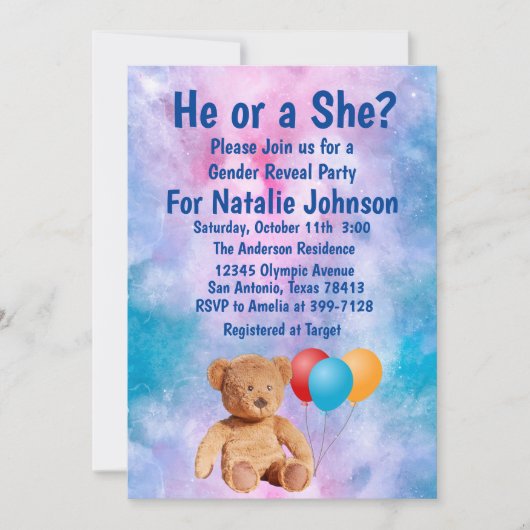 Invitation Teddy Bear Genre Revela Party (Devant)
