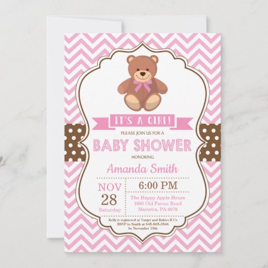 Invitation Teddy Bear Girl Baby shower rose Chevron (Devant)