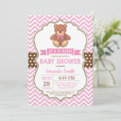Invitation Teddy Bear Girl Baby shower rose Chevron (Debout devant)
