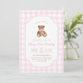 Invitation Teddy Bear Girl First Birthday Party (Debout devant)