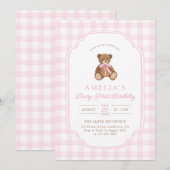 Invitation Teddy Bear Girl First Birthday Party (Devant / Derrière)