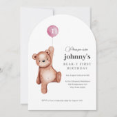 Invitation Teddy Bear Girl First Birthday Party (Devant)