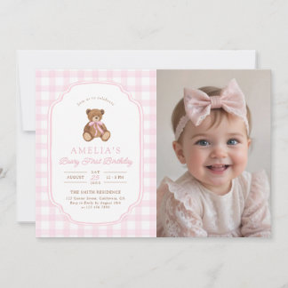 Invitation Teddy Bear Girl First Birthday Party Photo