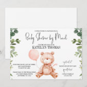 Invitation Teddy Bear Girl Green Baby shower par courrier (Devant / Derrière)