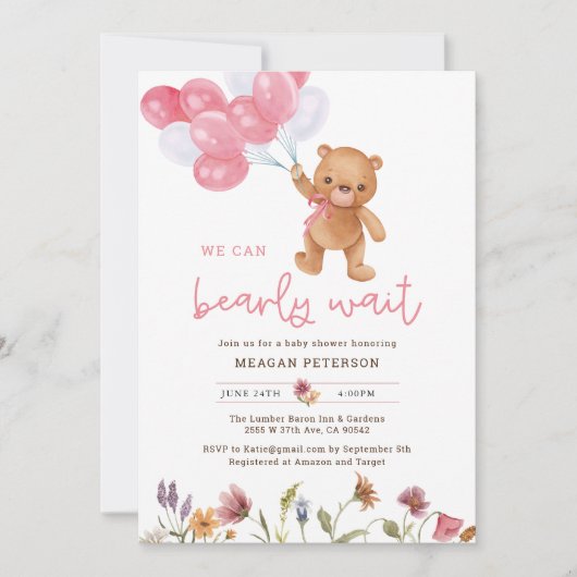 Invitation Teddy Bear Girl Nous pouvons Bearly Wait Baby show (Devant)