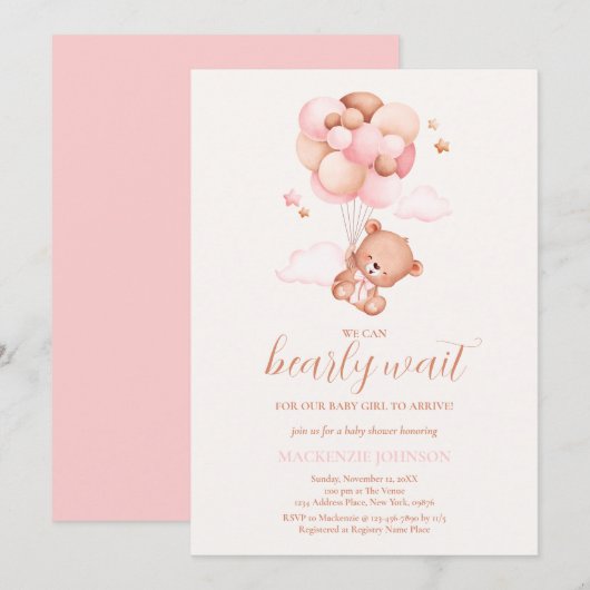 Invitation Teddy Bear Girl Rose Bearly Wait Baby shower (Devant / Derrière)