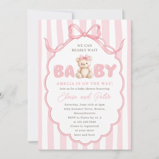 Invitation Teddy Bear Girls Pink Bow Baby Shower (Devant)