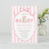 Invitation Teddy Bear Girls Pink Bow Baby Shower (Debout devant)