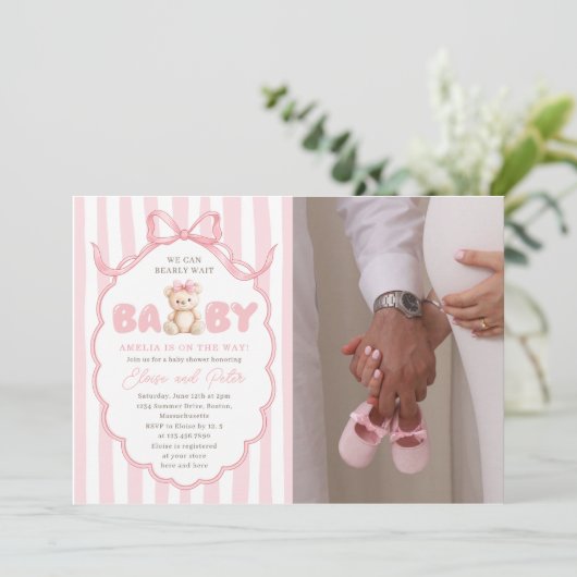 Invitation Teddy Bear Girls Pink Bow Baby Shower (Debout devant)