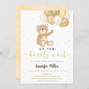 Invitation Teddy Bear Gold Balloon Sexe Baby shower neutre