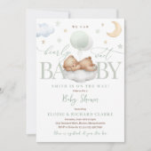Invitation Teddy Bear Green Balloon Nuages Etoiles Baby showe (Devant)