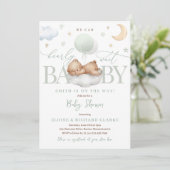 Invitation Teddy Bear Green Balloon Nuages Etoiles Baby showe (Debout devant)