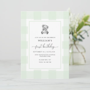 Invitation Teddy Bear Green En vichy 1er anniversaire Invitat