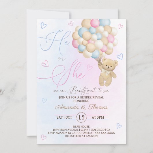 Invitation Teddy Bear He or She ou She Gender Revela (Devant)