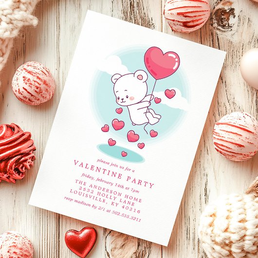 Invitation Teddy Bear Heart Ballons Saint-Valentin