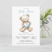 Invitation Teddy Bear Heart Boy Blue Baby Shower  (Debout devant)