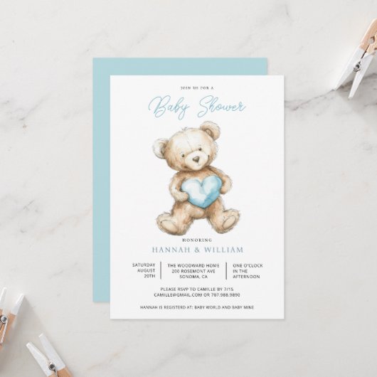 Invitation Teddy Bear Heart Boy Blue Baby Shower  (Devant/Arrière en situation)