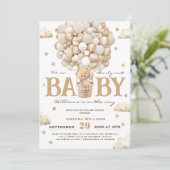 Invitation Teddy Bear Hot Air Baby shower Ballons Blanc Tan (Debout devant)