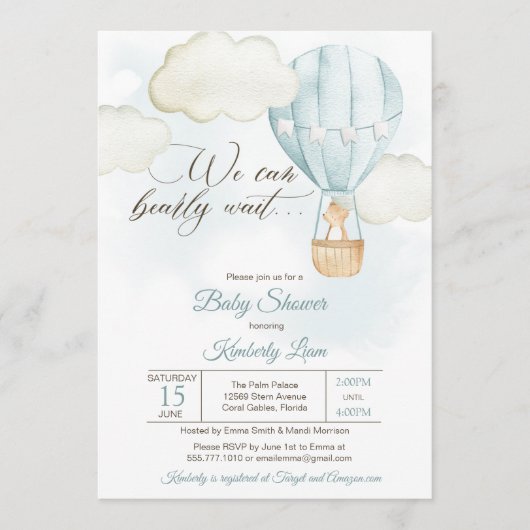 Invitation Teddy Bear Hot Air Balloon Baby shower garçon (Devant)